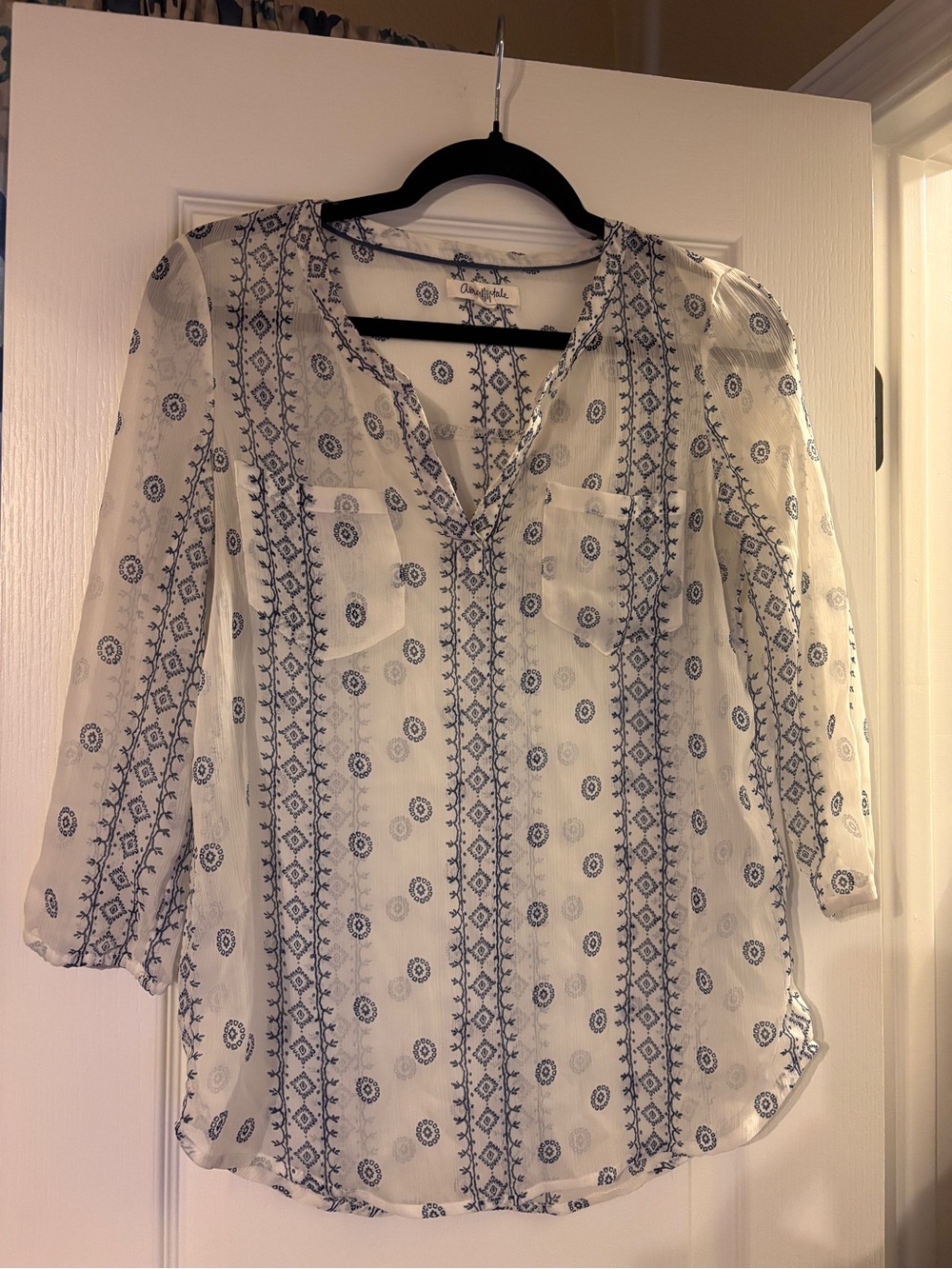 Aeropostale White Blouse with Navy Embroidery